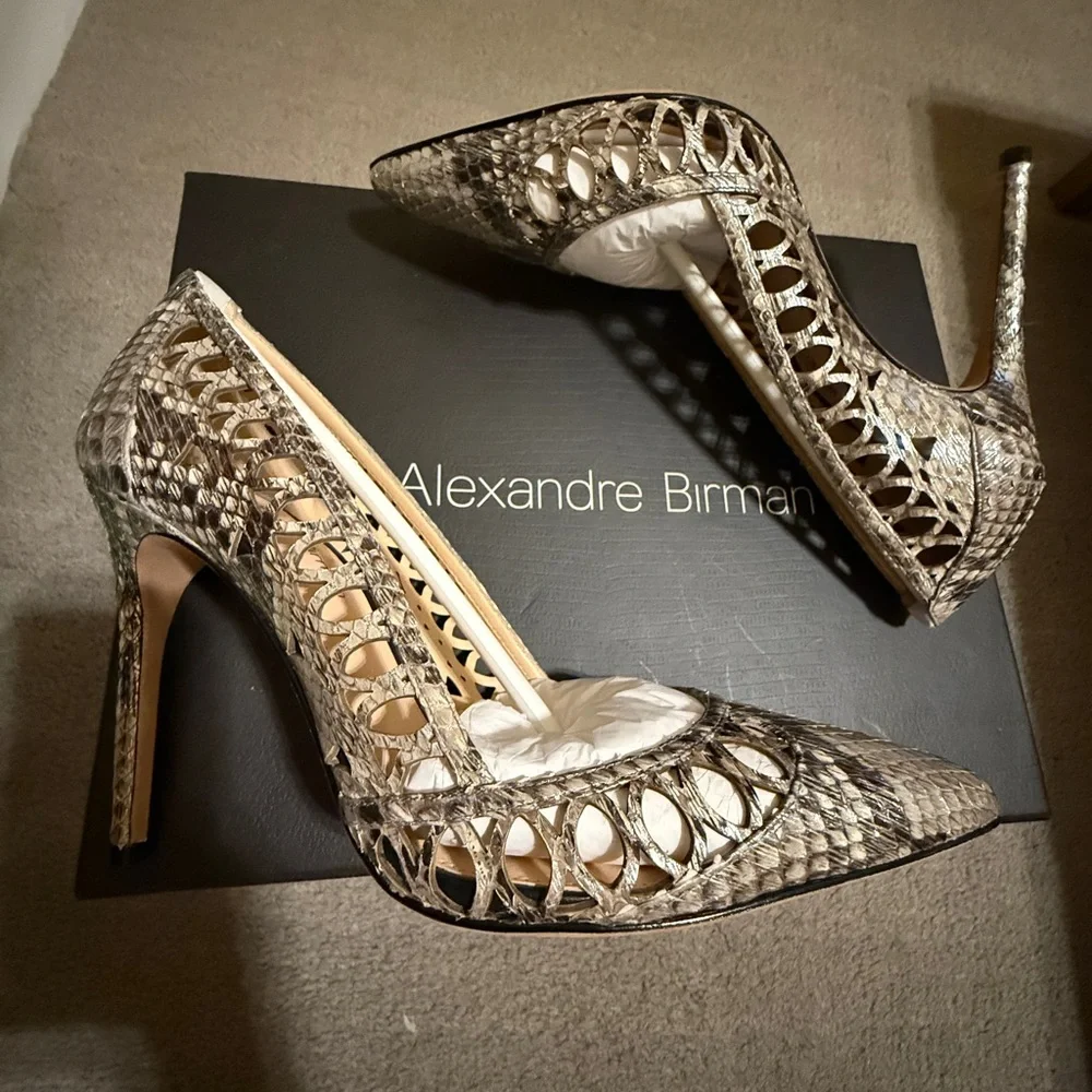 Alexandre Birman Snakeskin Laser Cut Cutout Stiletto Heels Size 36.5